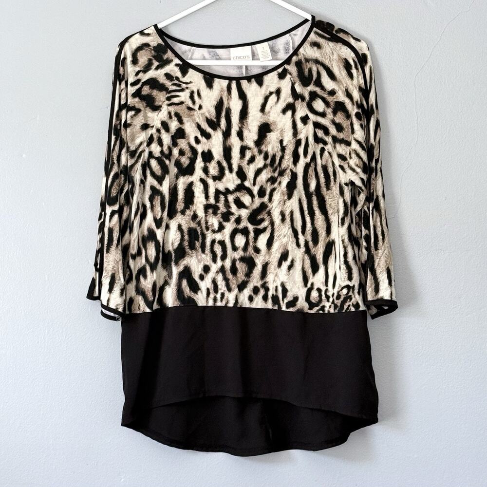 Chicos Top Size 1 Medium Leapard Print Two Tone Tunic Blouse Mob Wife